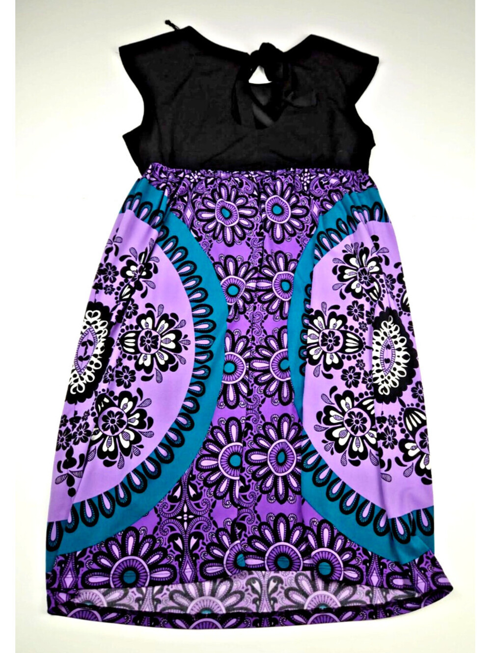 London Times Womens 12 Black Purple Teal Floral Tie Neck Dress Stretch Vintage